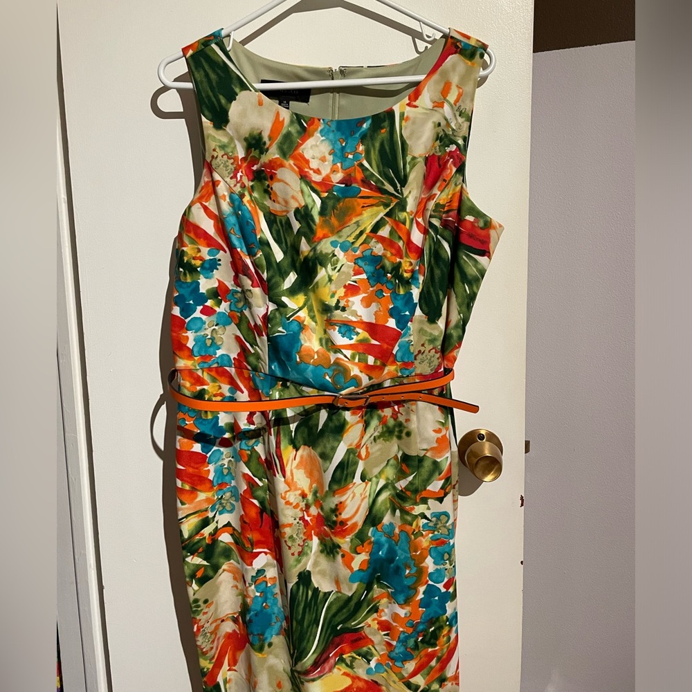 Vibrant Floral Sleeveless Dress with Orange Belt
